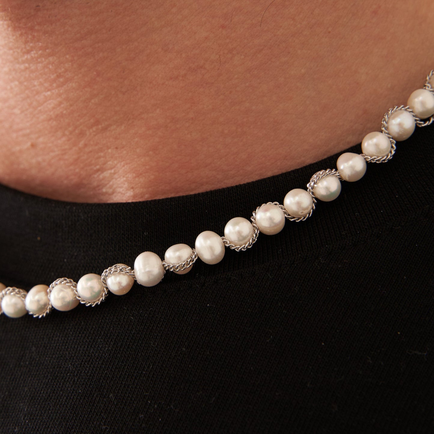 Chain Wrap Real Pearl Necklace (Silver)