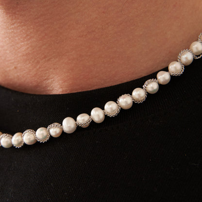Chain Wrap Real Pearl Necklace (Silver)