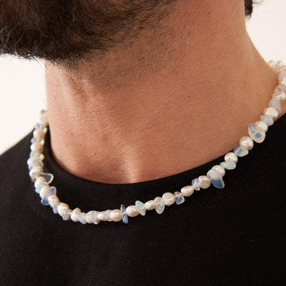 Blue Quartz Real Pearl Necklace (Silver)