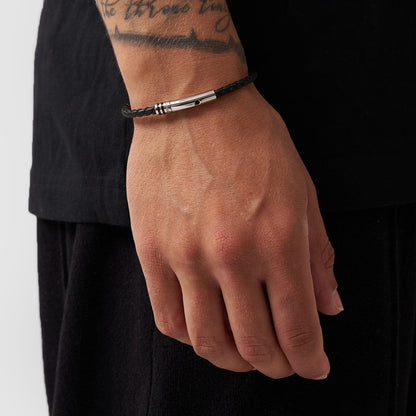 Black Leather Bracelet (Silver)
