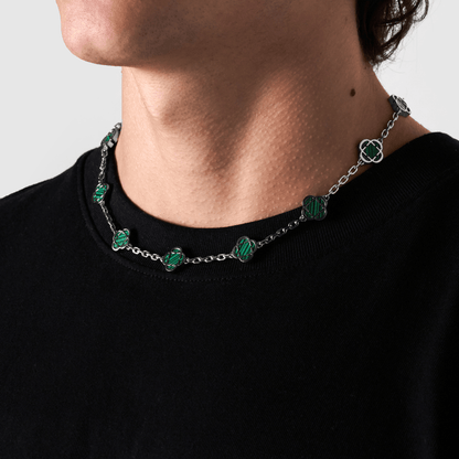Malachite Clover Stone Necklace (Silver)
