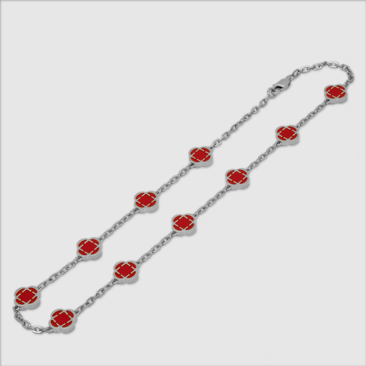 Light Red Clover Stone Necklace (Silver)