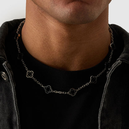 Onyx Clover Stone Necklace (Silver)